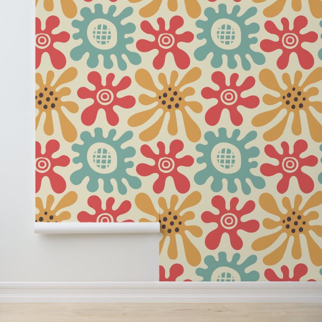 Retro Abstracte Floral Stippen Mid Century Behang (Applicatie)