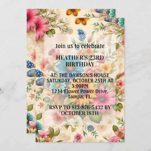 Retro Abstracte Flower Art verjaardagsfeestje Kaart (Voorkant / Achterkant)