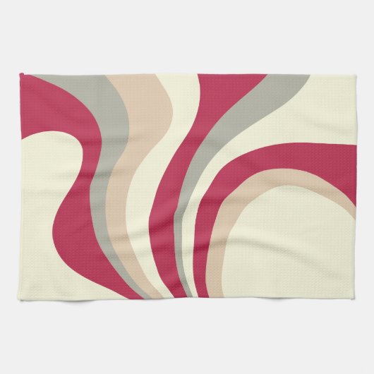 Retro Abstracte golven, magenta, roze, grijs, crèm Theedoek (Horizontaal)