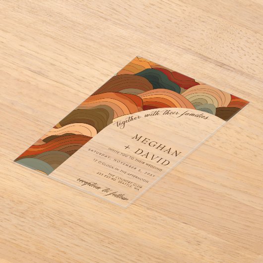 Retro Abstracte golven Terracotta Oranje bruiloft Acryl Uitnodigingen (Laagn)