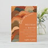 Retro Abstracte golven Terracotta Oranje bruiloft Kaart (Staand voorkant)