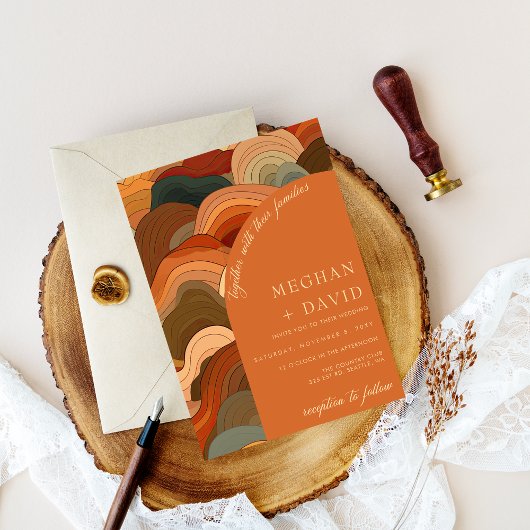 Retro Abstracte golven Terracotta Oranje bruiloft Kaart