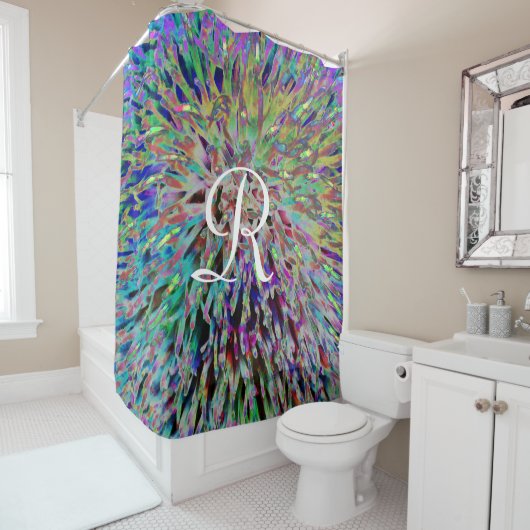 Retro Abstracte macro-Floral met wit monogram Douchegordijn (In situ)