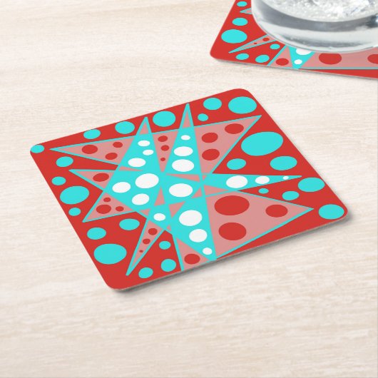 Retro abstracte ontwerpen in rood, wit & turquoise kartonnen onderzetters (Schuin)
