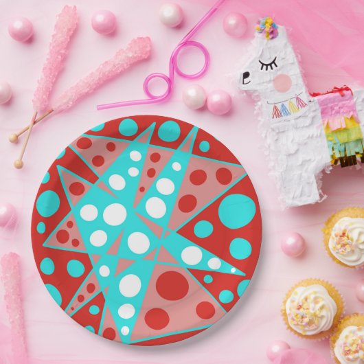 Retro abstracte ontwerpen in rood, wit & turquoise papieren bordje (Feest)