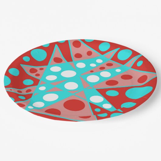 Retro abstracte ontwerpen in rood, wit & turquoise papieren bordje (Gekanteld)