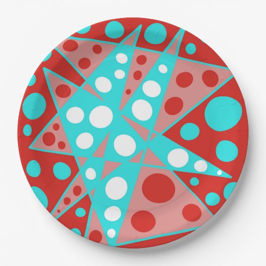 Retro abstracte ontwerpen in rood, wit & turquoise papieren bordje (Voorkant)
