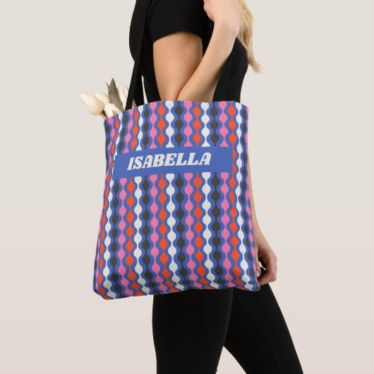 Retro Abstracte Stripes Blauw roze Aangepaste naam Tote Bag (Dichtbij)