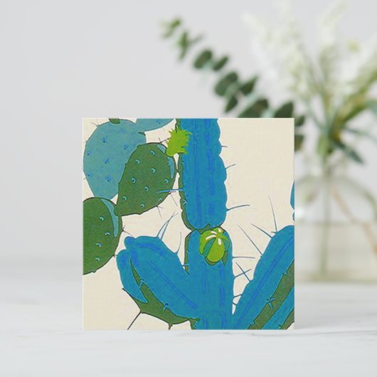 Retro Abstracte Turquoise Cactus Square Invitation Kaart (Staand voorkant)