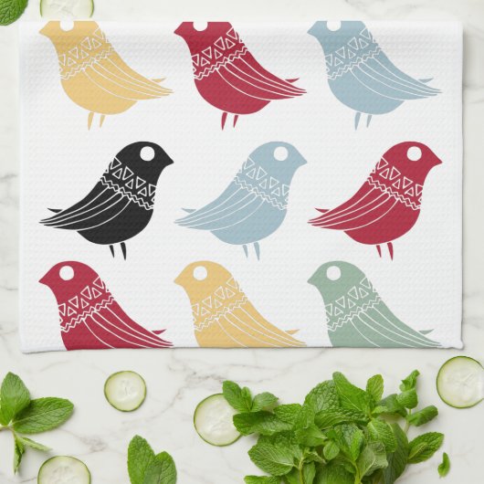 Retro Abstracte Vogels Mid-Century Modern Theedoek (Gevouwen)