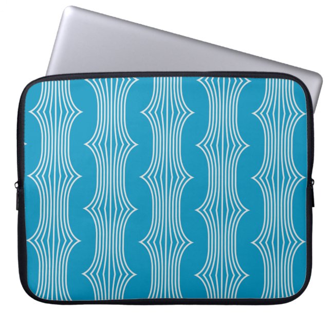 Retro Abstracte witte lijnen op blauw patroon Laptop Sleeve (Voorkant)