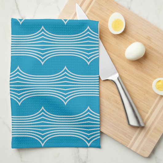 Retro Abstracte witte lijnen op blauw patroon Theedoek (Quarter Fold)