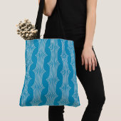 Retro Abstracte witte lijnen op blauw patroon Tote Bag (Dichtbij)