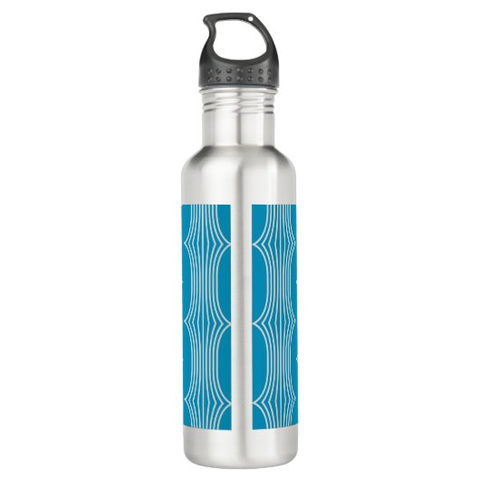 Retro Abstracte witte lijnen op blauw patroon Waterfles (Achterkant)