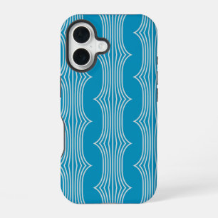 Retro Abstracte Witte Lijnen op Blauwe Patroon iPhone 16 Hoesje
