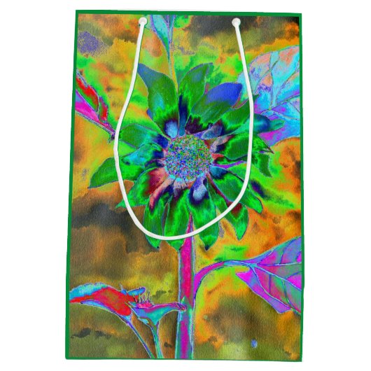 Retro abstracte zonnebloem schilderij groen goud medium cadeauzakje (Achterkant)