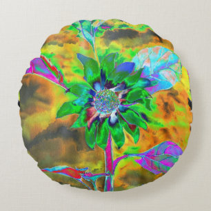 Retro abstracte zonnebloem schilderij groen goud rond kussen