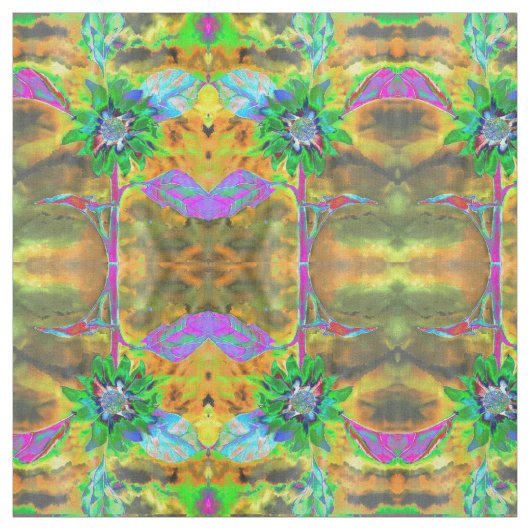 Retro abstracte zonnebloem schilderij groen goud stof (Swatch)