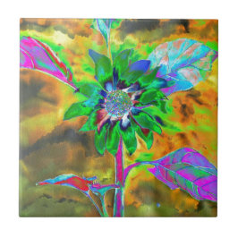 Retro abstracte zonnebloem schilderij groen goud tegeltje