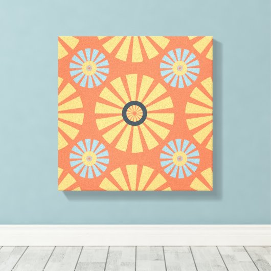 Retro Abstrat Blue en Oranje Daisies Pattern Canvas Afdruk (Insitu (Houten vloer))