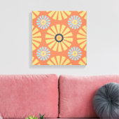 Retro Abstrat Blue en Oranje Daisies Pattern Canvas Afdruk (Insitu (Woonkamer))