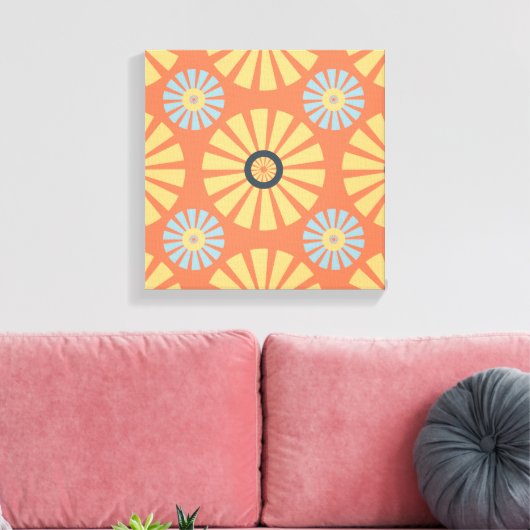 Retro Abstrat Blue en Oranje Daisies Pattern Canvas Afdruk (Insitu (Woonkamer))