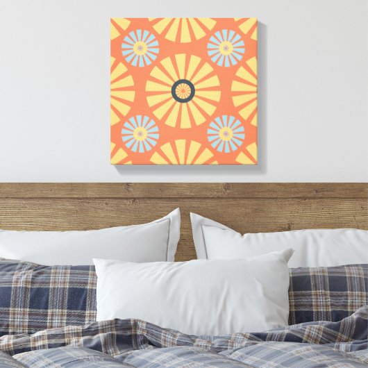 Retro Abstrat Blue en Oranje Daisies Pattern Canvas Afdruk (Insitu (Slaapkamer))