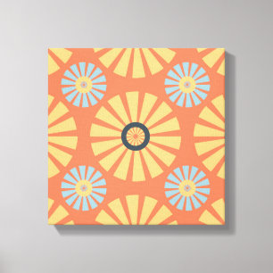 Retro Abstrat Blue en Oranje Daisies Pattern Canvas Afdruk