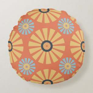 Retro Abstrat Blue en Oranje Daisies Pattern Rond Kussen
