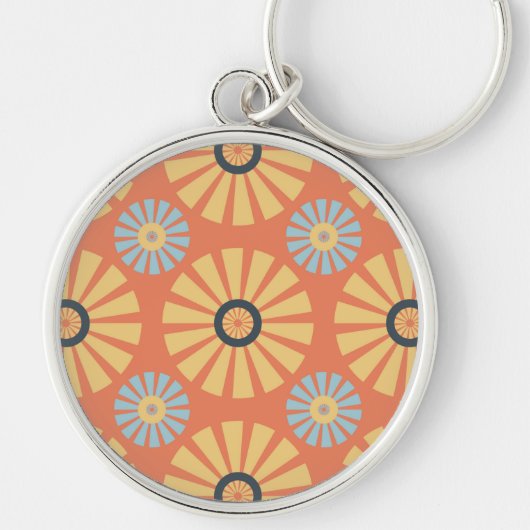 Retro Abstrat Blue en Oranje Daisies Pattern Sleutelhanger (Voorkant)