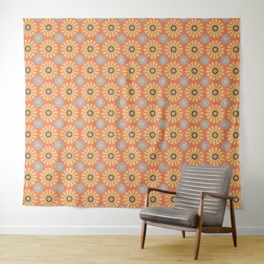 Retro Abstrat Blue en Oranje Daisies Pattern Wandkleed (In Situ (horizontaal))