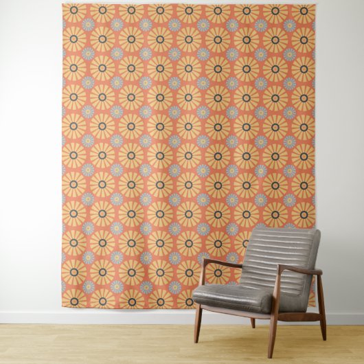 Retro Abstrat Blue en Oranje Daisies Pattern Wandkleed (In situ)