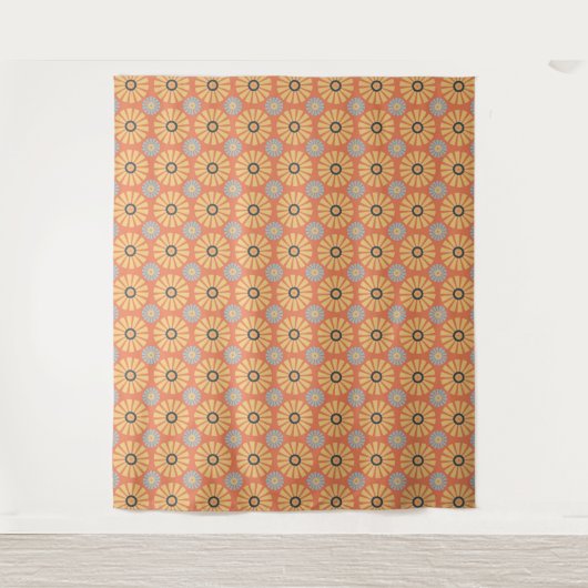 Retro Abstrat Blue en Oranje Daisies Pattern Wandkleed (Voorkant)