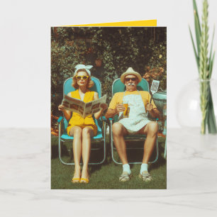 Retro achtertuin BBQ scène met stijlvol stel Kaart