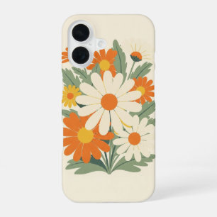 Retro afgeronde bloemblaadje madeliefjes kunst iPhone 16 hoesje