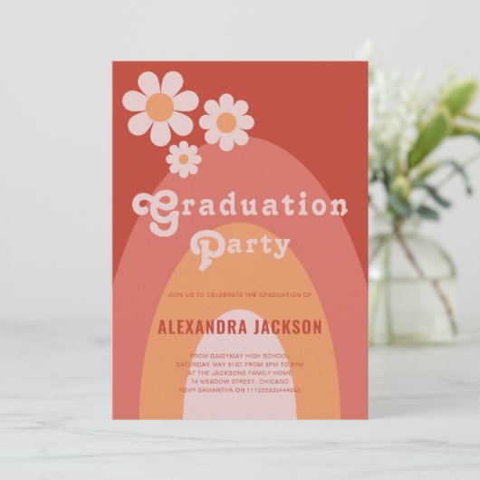 Retro  Afstuderen Partij Peach Daisy Kaart (Staand voorkant)