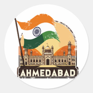Retro Ahmedabad Skyline City in India Ronde Sticker