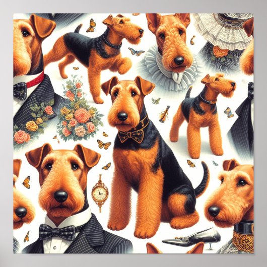 Retro Airedale Terrier Naadloos Poster (Voorkant)