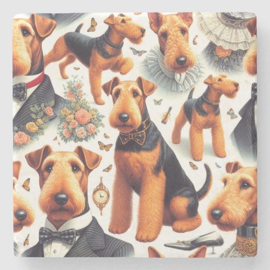 Retro Airedale Terrier Naadloos Stenen Onderzetter (Voorkant)