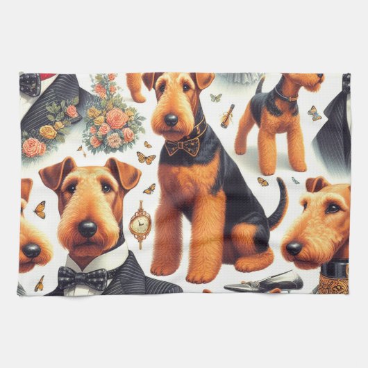 Retro Airedale Terrier Naadloos Theedoek (Horizontaal)