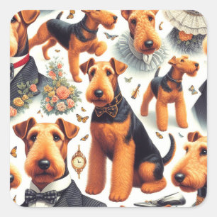 Retro Airedale Terrier Naadloos Vierkante Sticker