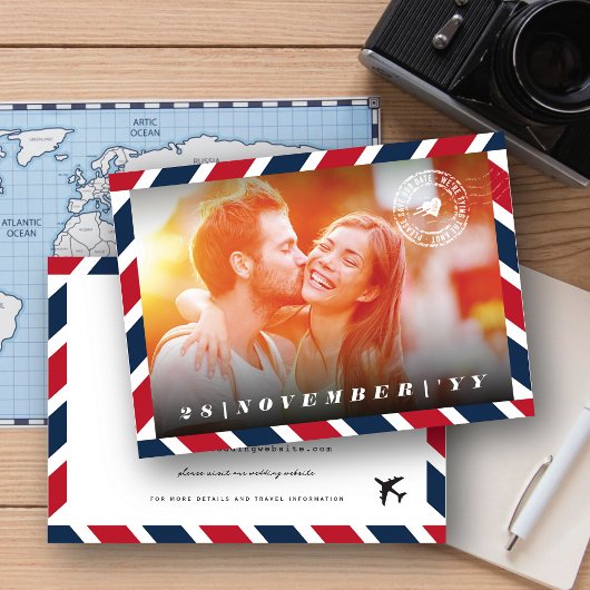 Retro Airmail Postal Photo Destination Wedding Save The Date