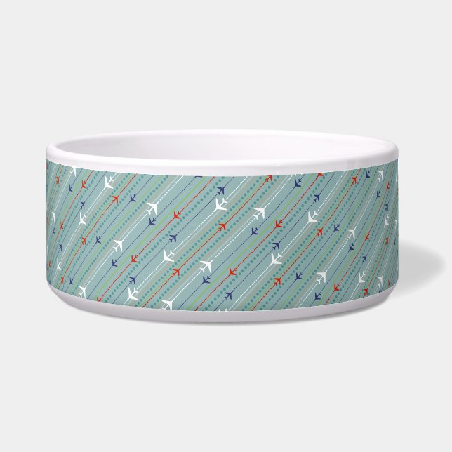 Retro Airplane Pattern Ceramic Pet Bowl. Voerbakje (Voorkant)