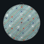Retro Airplane Pattern Dart Board Dartbord<br><div class="desc">Bevestig je gordel. Deze Retro Airplane Pattern Dart Board is klaar voor de start. Het ontwerp bevat lijnen van rood, koninklijk blauw en witte, moderne vliegtuigen uit het midden van de eeuw die over een stalen blauwe achtergrond vliegen. Dunne strepen van oranje, kalkgroen en grijs, evenals lijnen van blauwgroen stippen,...</div>
