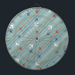 Retro Airplane Pattern Dart Board Dartbord<br><div class="desc">Bevestig je gordel. Deze Retro Airplane Pattern Dart Board is klaar voor de start. Het ontwerp bevat lijnen van rood, koninklijk blauw en witte, moderne vliegtuigen uit het midden van de eeuw die over een stalen blauwe achtergrond vliegen. Dunne strepen van oranje, kalkgroen en grijs, evenals lijnen van blauwgroen stippen,...</div>