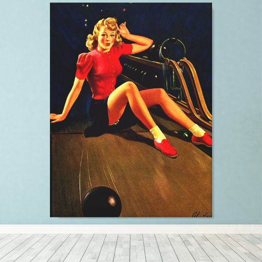 Retro Al Buell Bowling Pin-up Girl Canvas Afdruk (Insitu (Houten vloer))