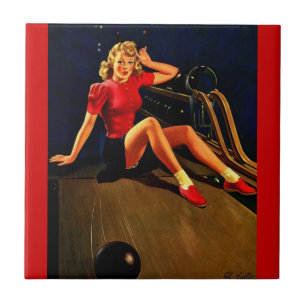 Retro Al Buell Bowling Pin-up Girl Tegeltje