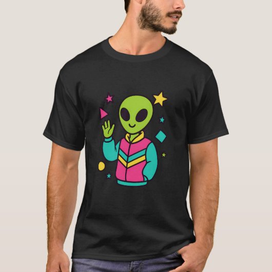 Retro Alien in Neon Jas | 80s Sci-Fi Vector Kunst T-shirt (Voorkant)