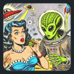 Retro Alien Science Fiction Comics Vierkante Sticker<br><div class="desc">Retro Alien Science Fiction Comics</div>