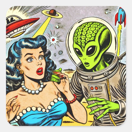 Retro Alien Science Fiction Comics Vierkante Sticker (Voorkant)